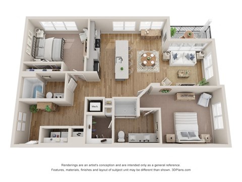Floor plan for 2 beds, 2 baths, 1303 sqft